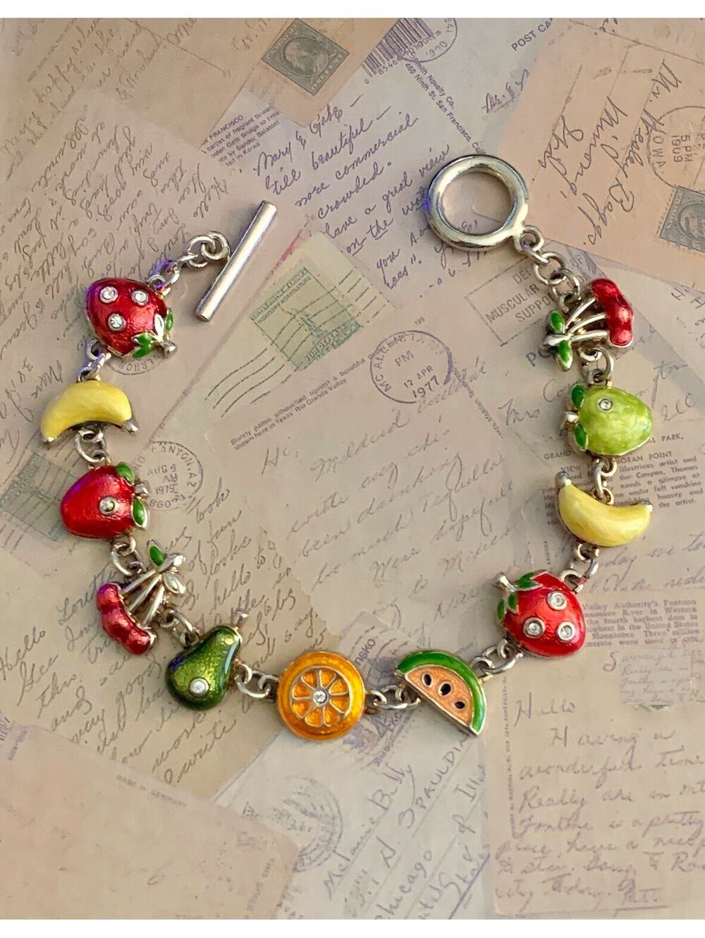 Vintage Enameled Fruit Charm Toggle Bracelet Best Brand Cha